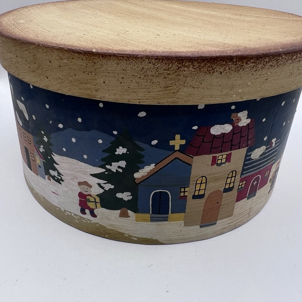 Vtg Shaker Christmas Hand Painted Wood Round Storage Box 8"